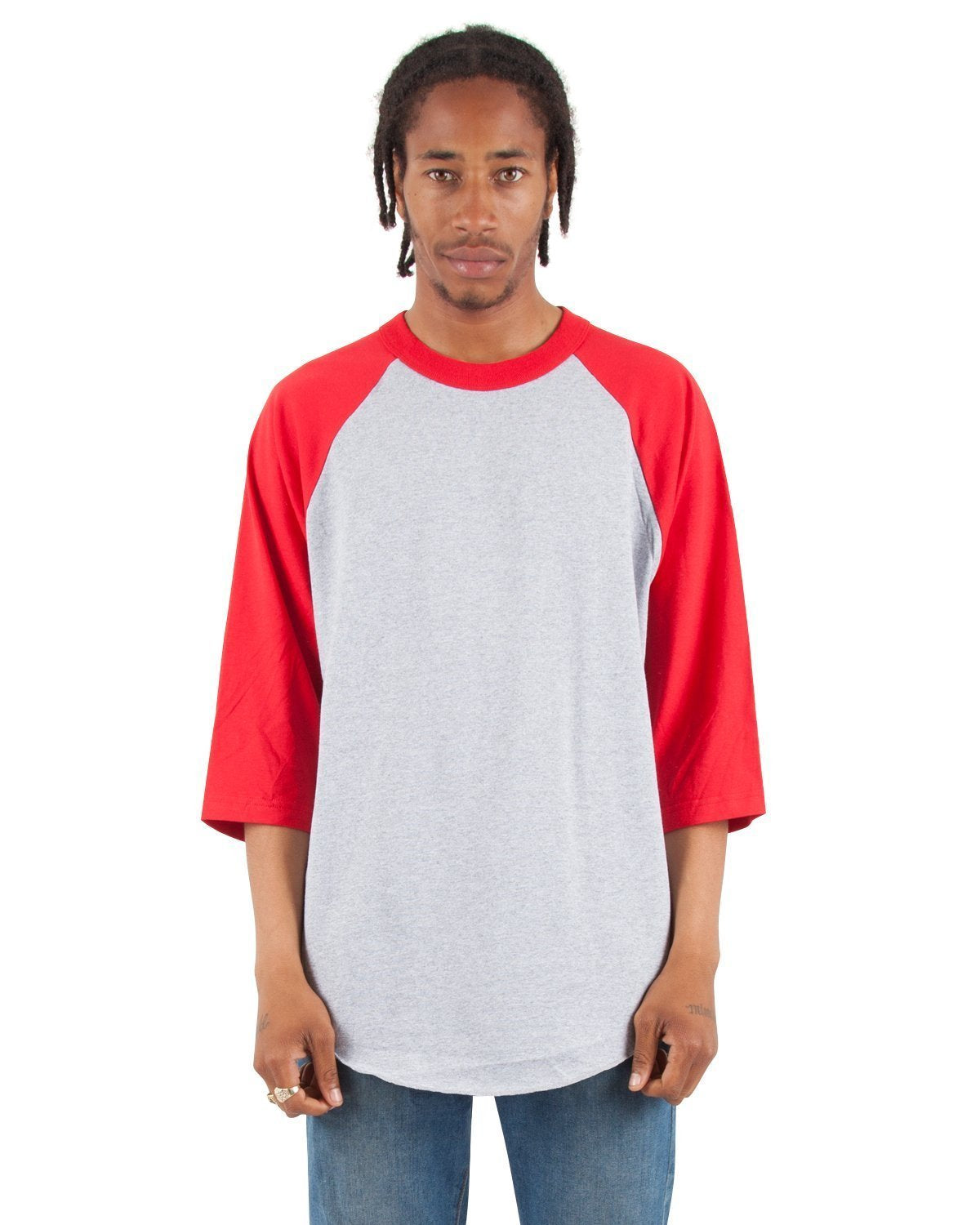 6.0 oz Raglan - Standard Sizes XL / Heather Grey and Red