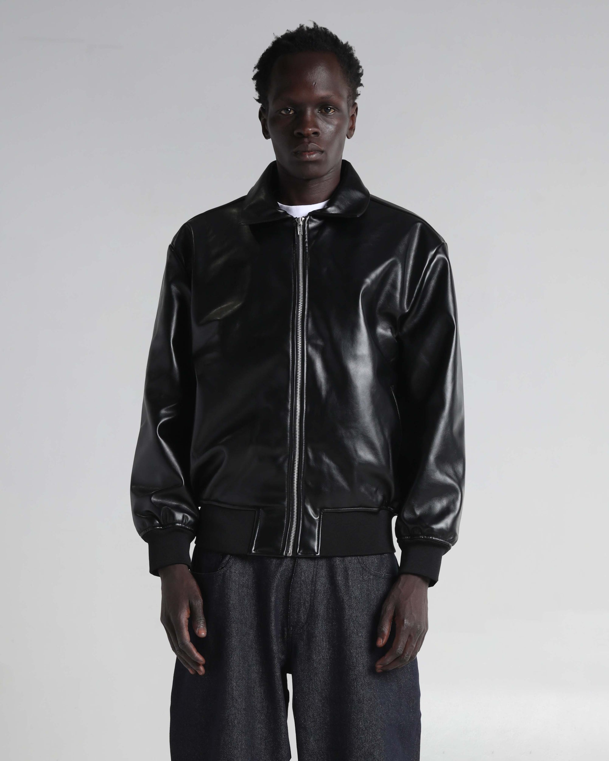 PU Leather Collared Varsity Jacket