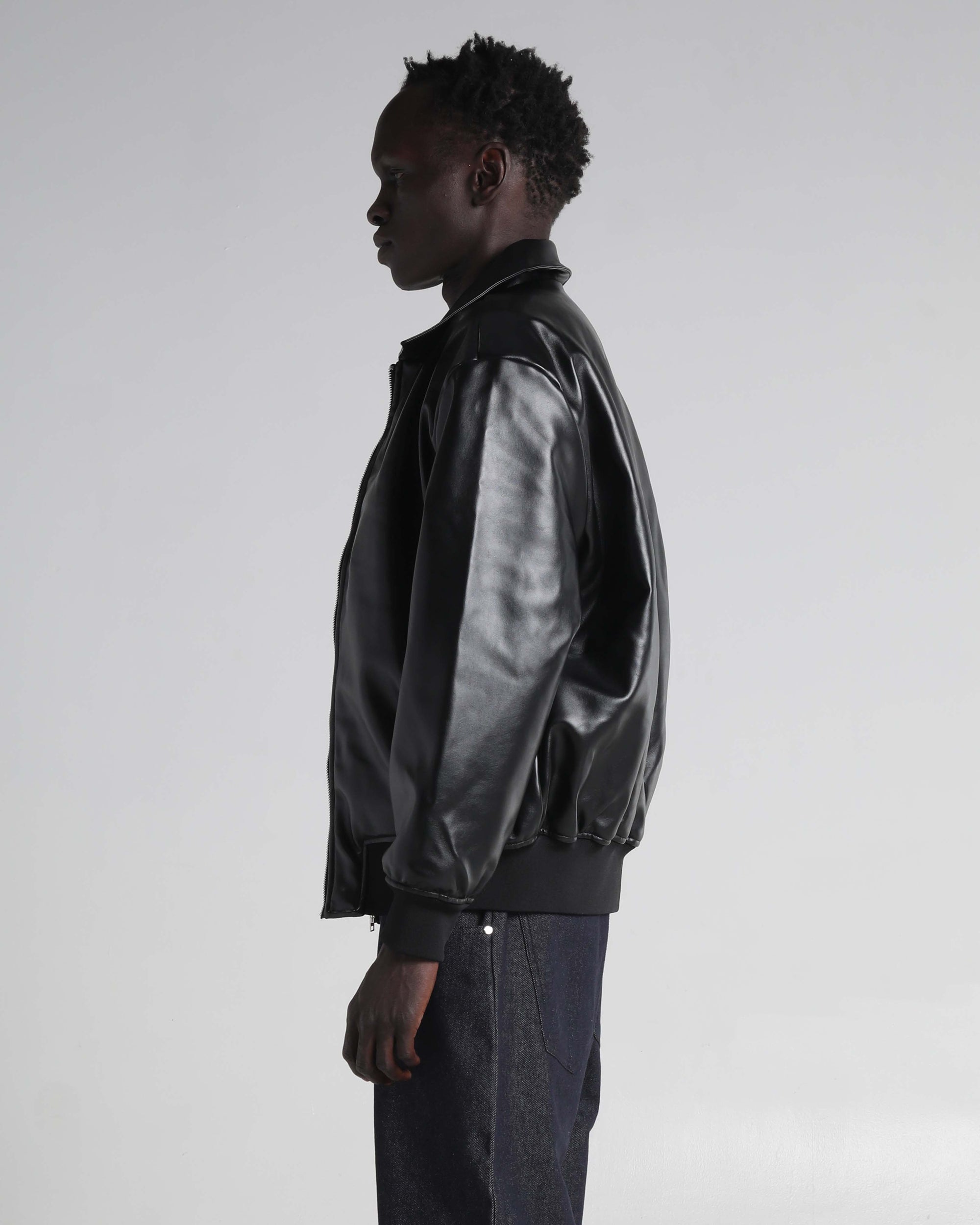 PU Leather Collared Varsity Jacket