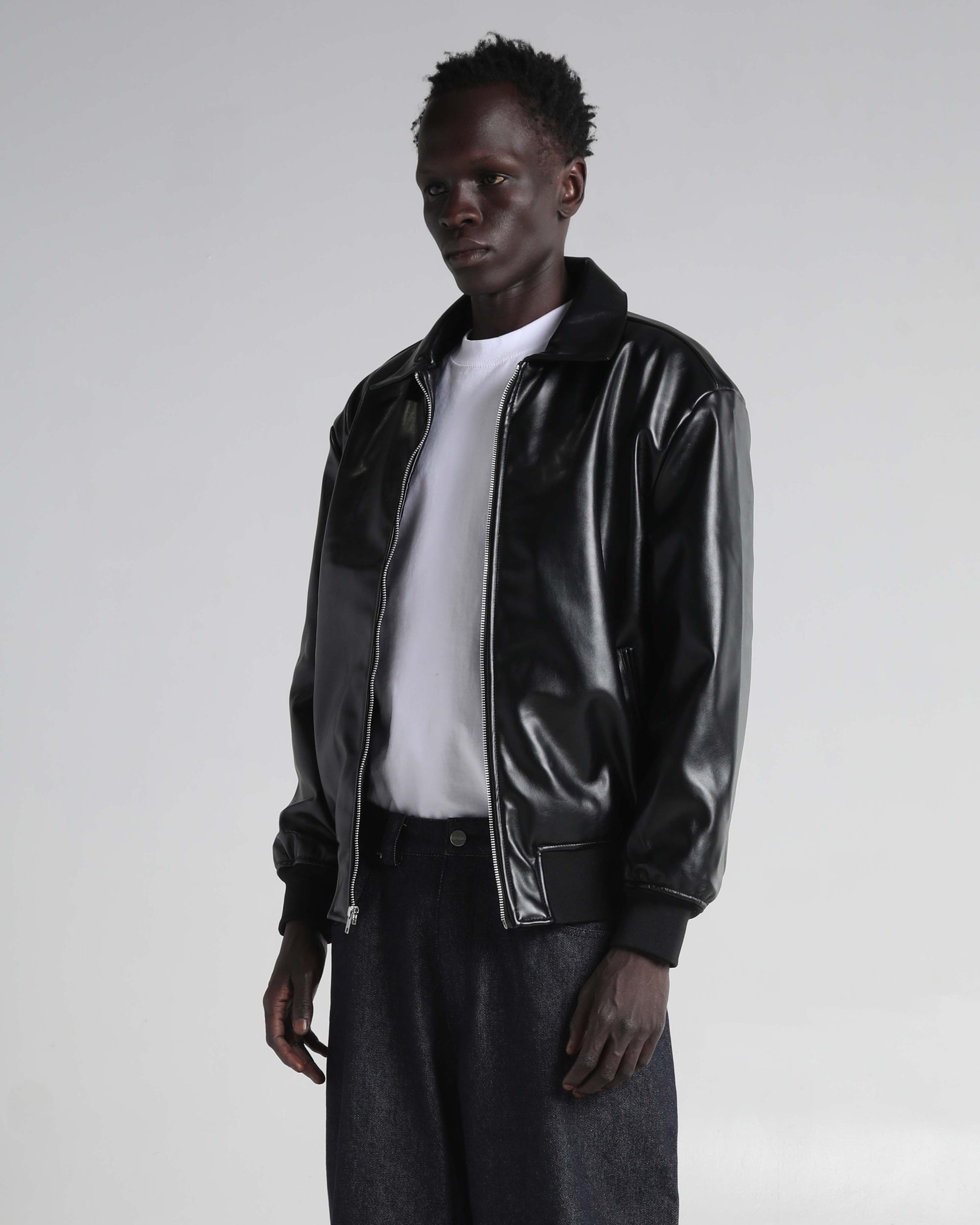 PU Leather Collared Varsity Jacket